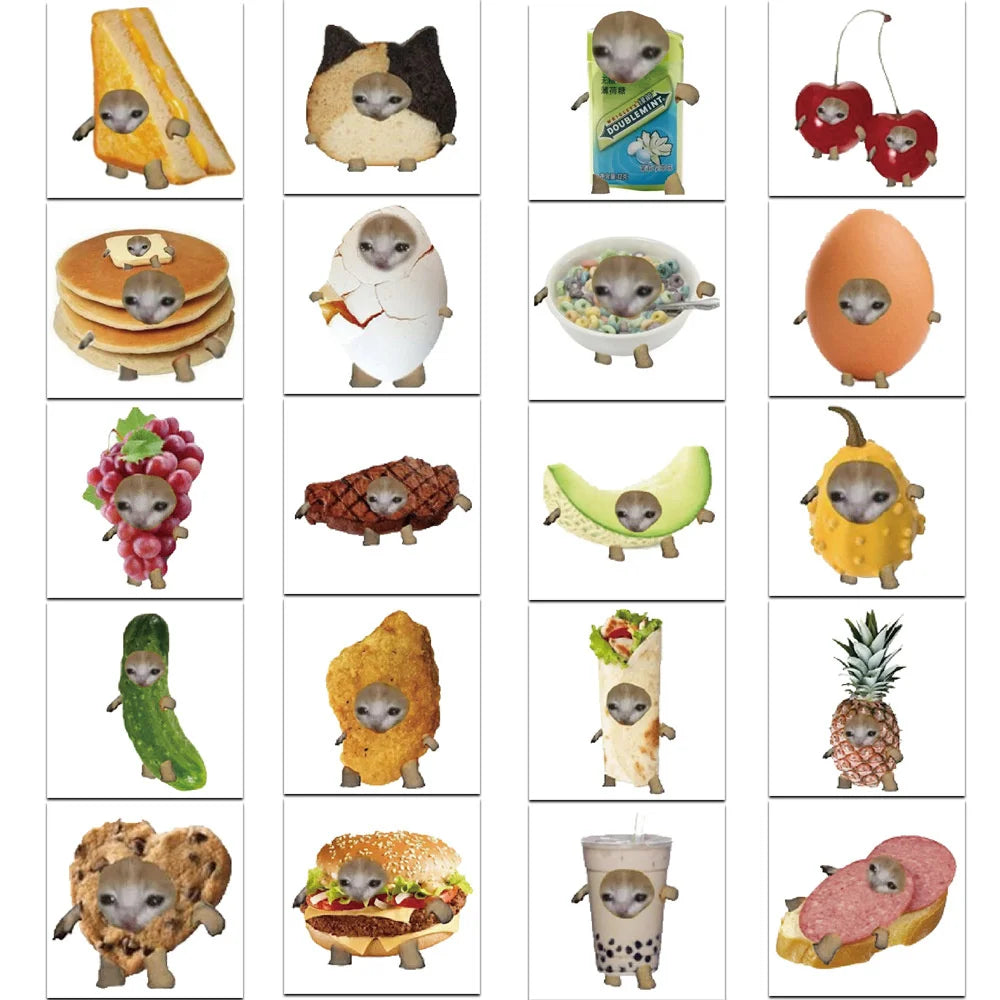 50PCS Funny Meme Cat And Food Cute Graffiti Stickers For Toy Luggage Laptop Ipad Skateboard  Phone Car Stickers Wholesale