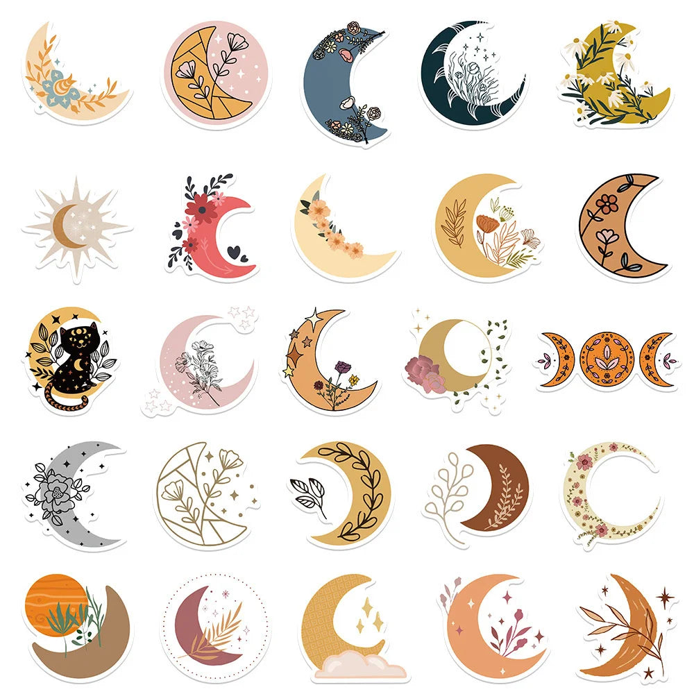50PCS of cartoon moon and flower fresh graffiti stickers, personalized, fashionable and creative DIY decorative stickers, toys, laptops, ipads, guitars, helmets, refrigerators, and popular stickers