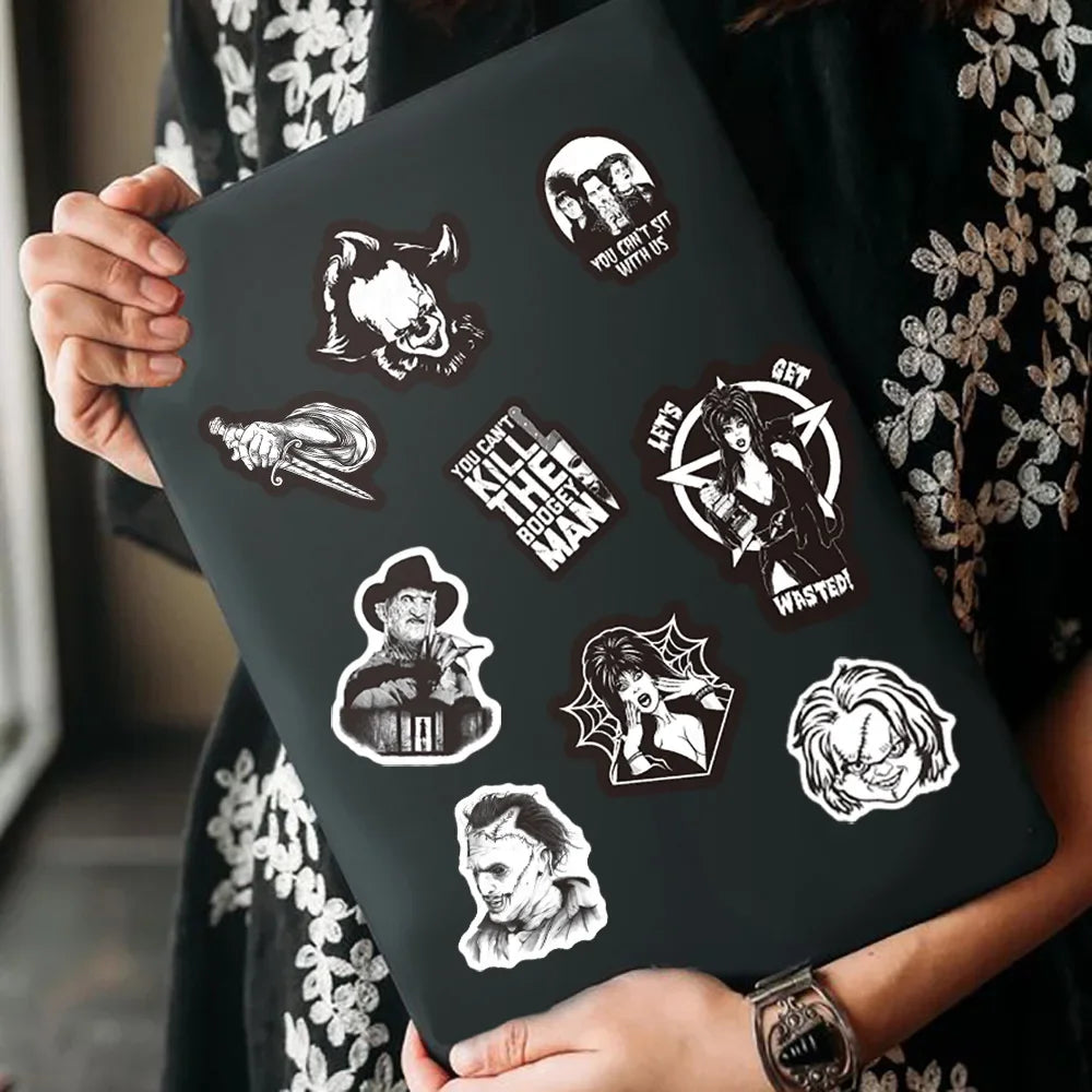 50PCS Black and White Horror Movie Theme Graffiti Waterproof Sticker Luggage Guitar Laptop Skateboard Helmet