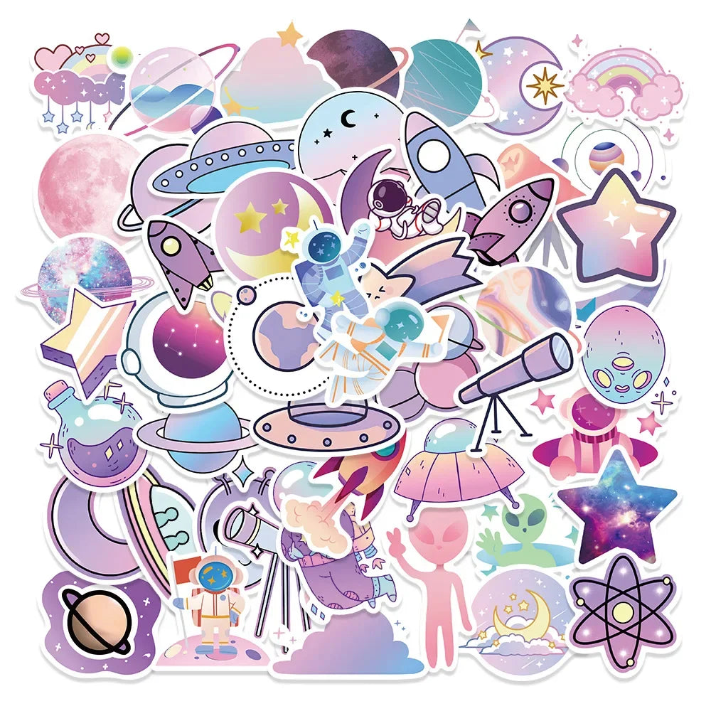 50PCS Cartoon Purple Gradient Planet Graffiti Helmet Water Cup DIY Waterproof Reward Sticker Notebook  Suitcase