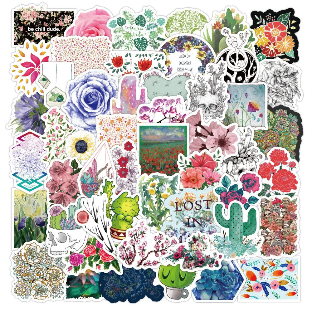 100PCS of fashionable and trendy cartoon color plant landscape graffiti stickers, personalized and creative decorative stickers, DIY laptops, refrigerators, suitcases, and popular decal toys