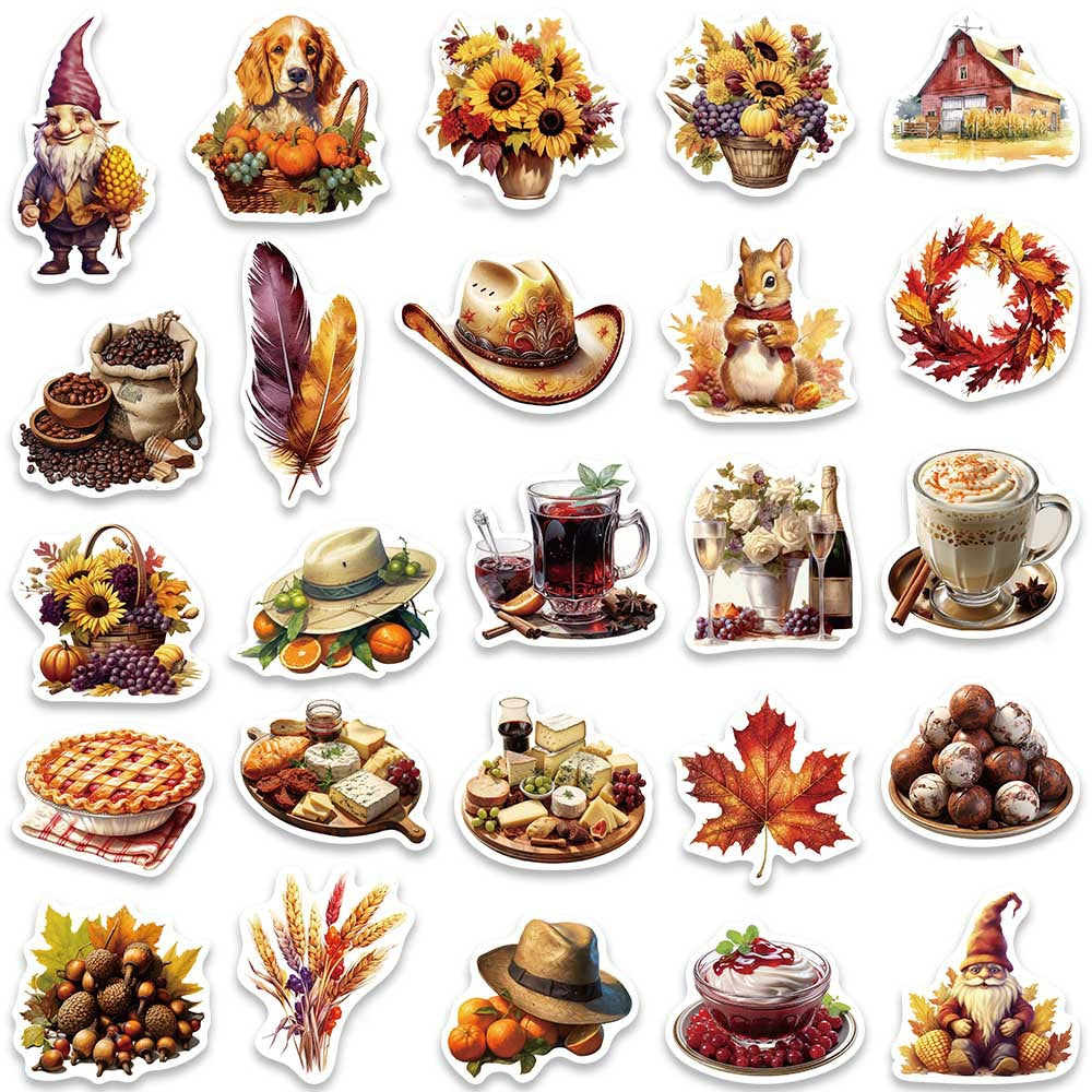50PCS Thanksgiving Feast Stickers, Bountiful Harvest Food Cartoon Doodles for Holiday Tables and Family Celebrations