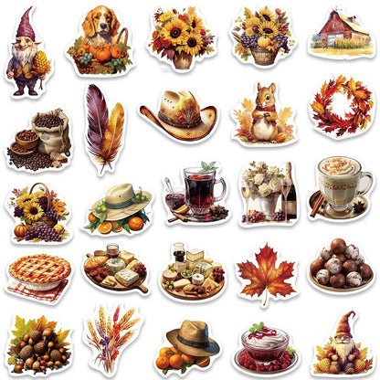 50PCS Thanksgiving Feast Stickers, Bountiful Harvest Food Cartoon Doodles for Holiday Tables and Family Celebrations
