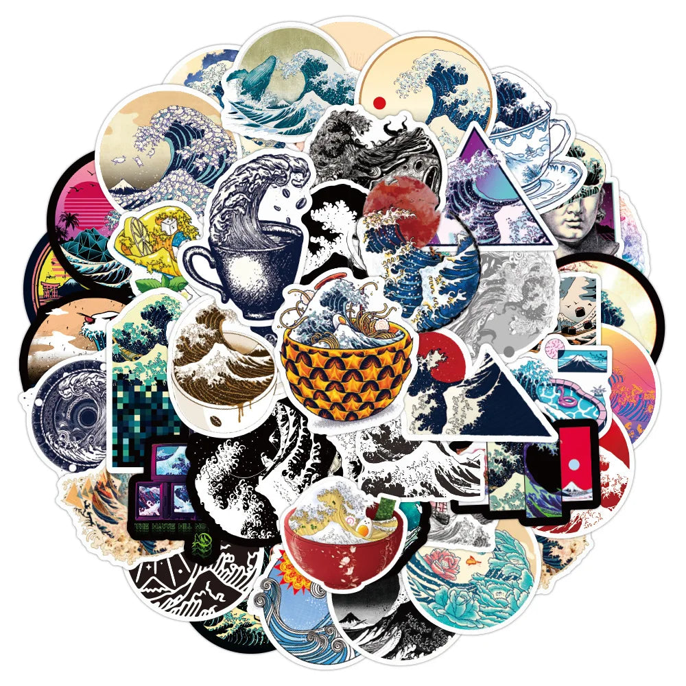 50PCS Cartoon Beach Wave Sticker Graffiti iPad  Luggage Helmet  Guitar DIY Scrapbook Wall Sticker Toy Decoration