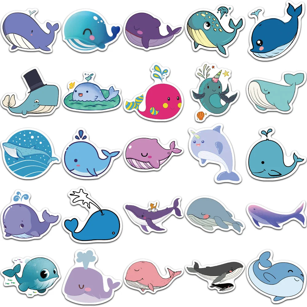 50PCS of cute cartoon whale and Marine animal graffiti stickers, personalized and fashionable DIY creative and exquisite decorative stickers, refrigerator, skateboard, water cup, helmet, guitar, popular sticker toys