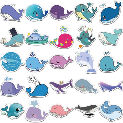 50PCS of cute cartoon whale and Marine animal graffiti stickers, personalized and fashionable DIY creative and exquisite decorative stickers, refrigerator, skateboard, water cup, helmet, guitar, popular sticker toys