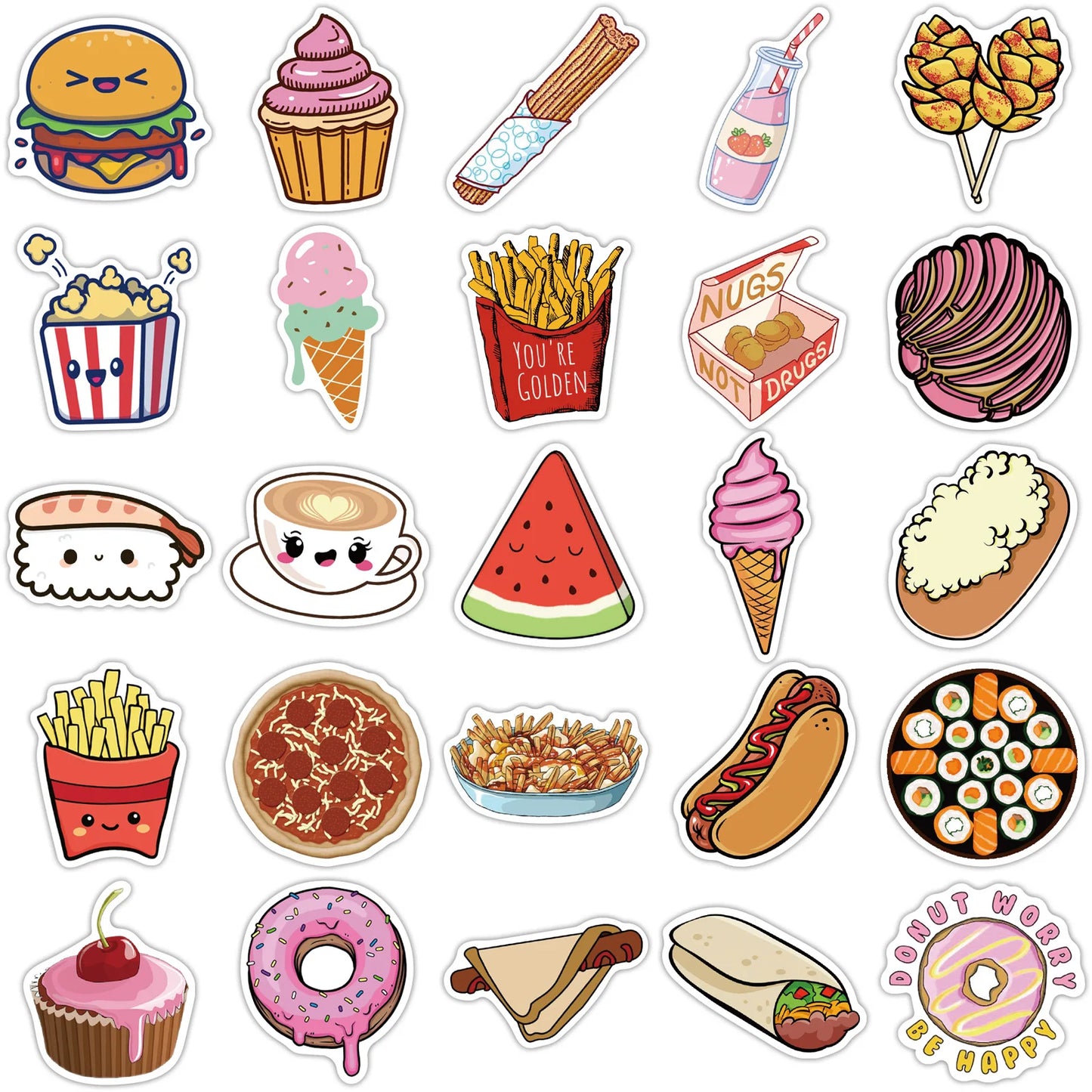 50PCS Cartoon Food Small Fresh Graffiti Stickers Luggage Helmet Guitar DIY Scrapbook Wall Sticker Toy Decoration