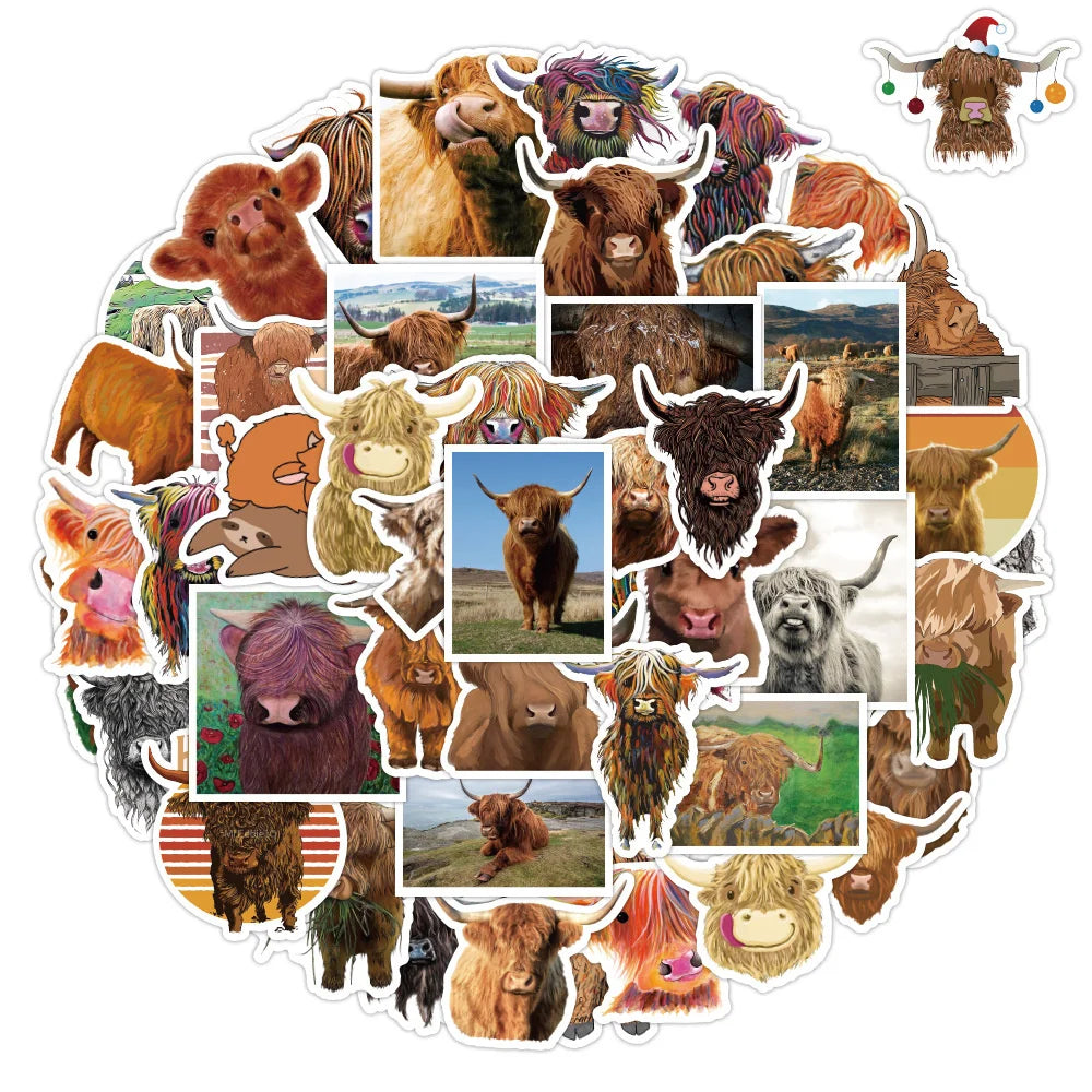 50/PCS New Cute Animal Scottish Highland Cow Graffiti Sticker Car Trunk Water Cup Sticker