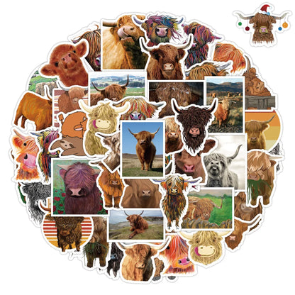 50/PCS New Cute Animal Scottish Highland Cow Graffiti Sticker Car Trunk Water Cup Sticker