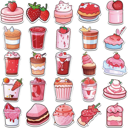 50PCS Pink Dessert Doodle Stickers, Cute Cartoon Sweet Treat Decals for Journals, Laptops, and Aesthetic Decor