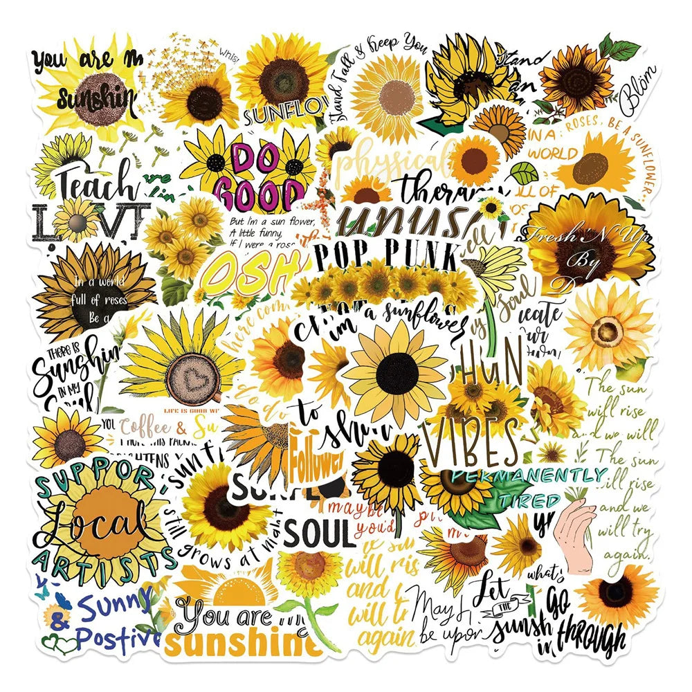 50PCS Cartoon Sunflower Motivational Quotes Doodle Stickers Exquisite Creative Decorative Decals Perfect for Water Bottles, Guitars, Skateboards, Pencil Cases, and Notebooks