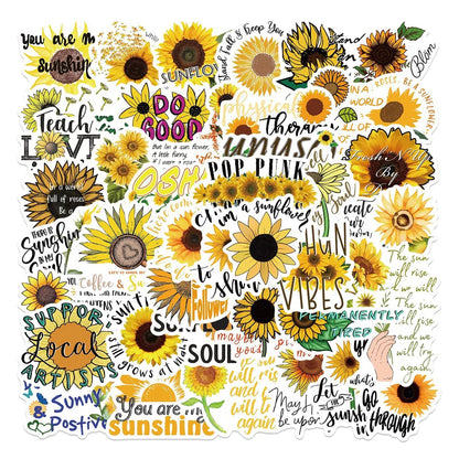 50PCS Cartoon Sunflower Motivational Quotes Doodle Stickers Exquisite Creative Decorative Decals Perfect for Water Bottles, Guitars, Skateboards, Pencil Cases, and Notebooks