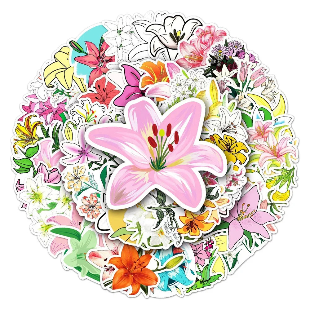 50PCS Lily Flower Cartoon Flower Personality Creative Sticker Guitar Refrigerator Helmet Motorcycle  Waterproof