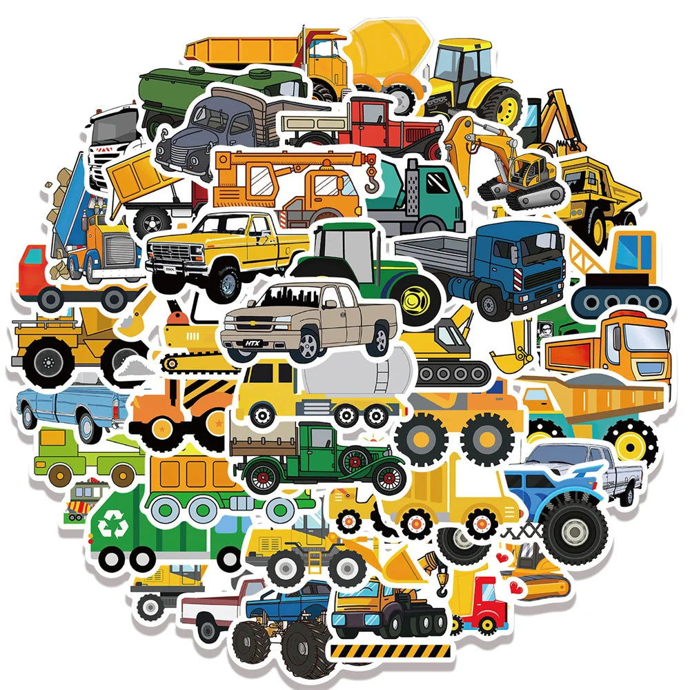 50PCS Construction Site Doodle Stickers, Cute Cartoon Truck & Vehicle Decals for Kids, Boys Room, and Imaginative Play