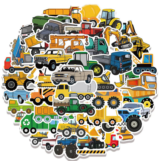 50PCS Construction Site Doodle Stickers, Cute Cartoon Truck & Vehicle Decals for Kids, Boys Room, and Imaginative Play