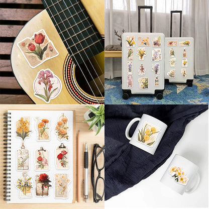 50PCS Classic Cartoon Flower Stickers - Vintage Botanical Decals for Journals, Planners, Water Bottles & Retro Craft Gifts