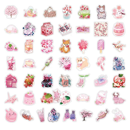 50PCS New Pink Cherry Blossom Cartoon Graffiti Waterproof Sticker Toy Decoration DIY Notebook Gift Suitcase iPad
