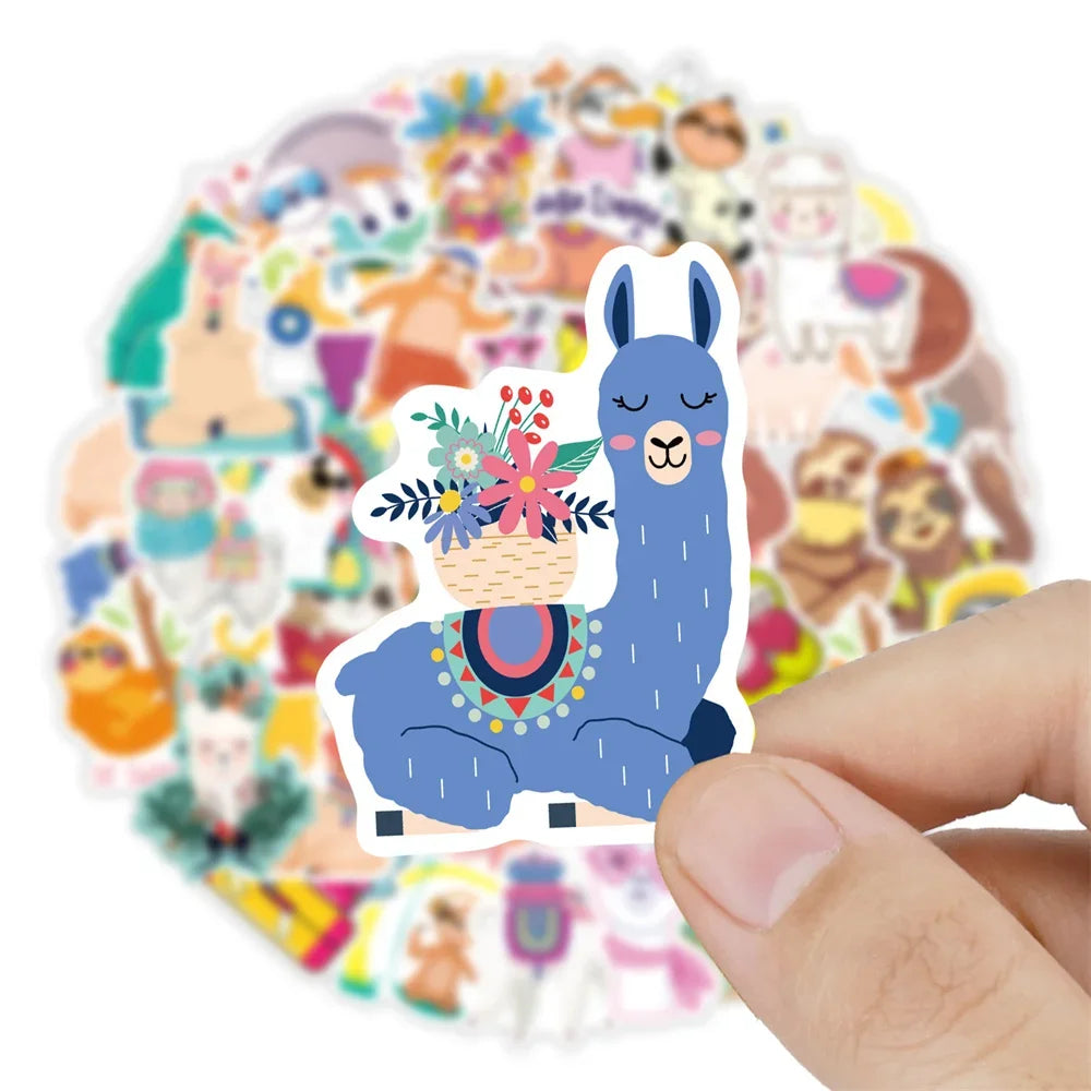 50PCS Adorable Cartoon Alpaca and Sloth Doodle Stickers for Suitcases, Laptops, DIY Fridge and Phone Cases, Diary Decorations
