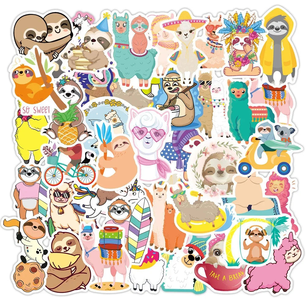 50PCS Adorable Cartoon Alpaca and Sloth Doodle Stickers for Suitcases, Laptops, DIY Fridge and Phone Cases, Diary Decorations