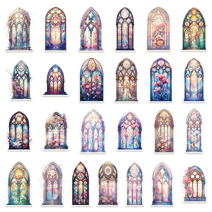 50PCS European Window Doodle Stickers, Vintage Architectural Cartoon Decals for a View to Another World