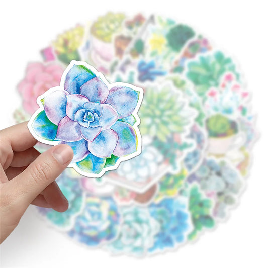 50pcs Watercolor Cartoon Succulent Stickers For Luggage Laptop Ipad Cup Journal  Notebook Decorative Stickers