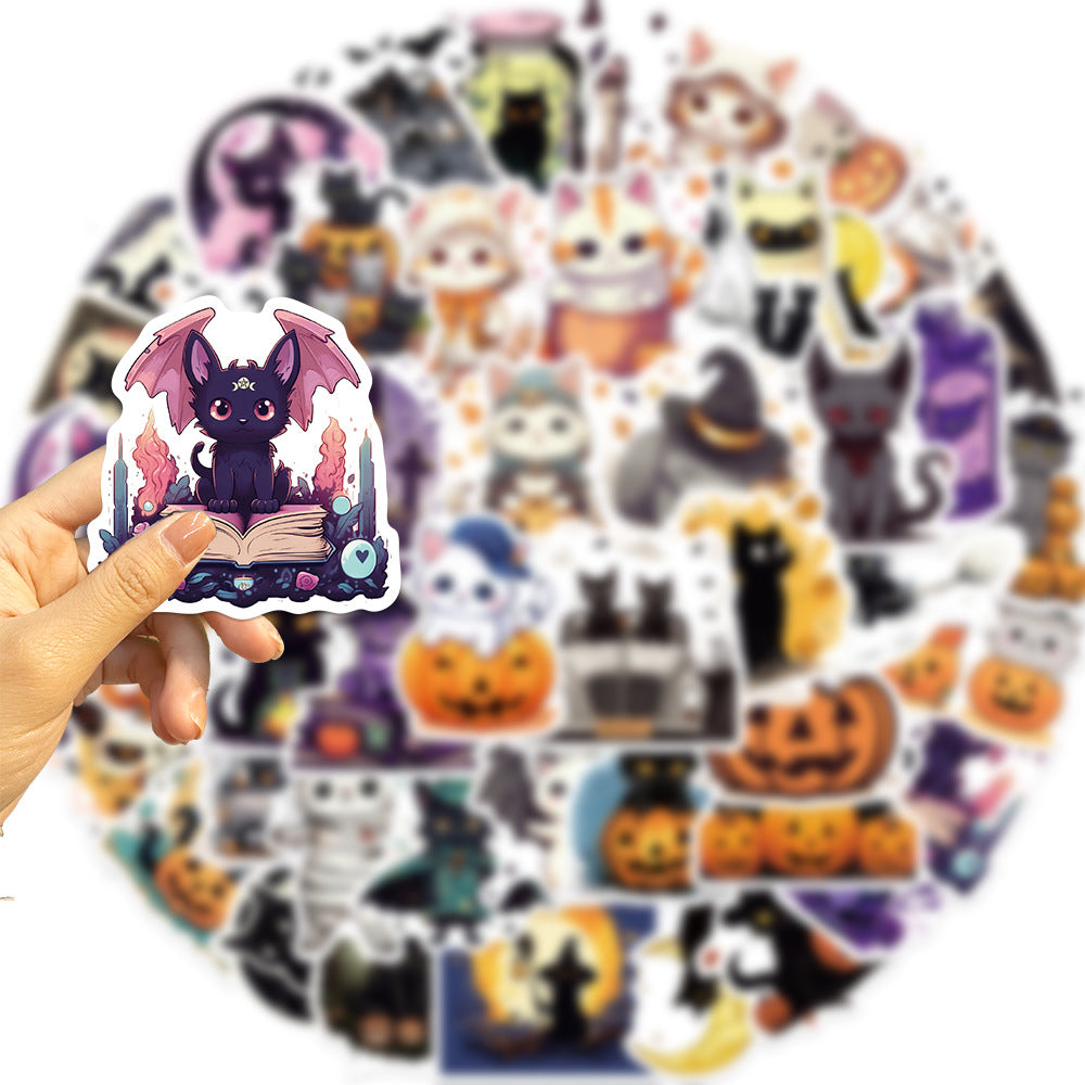 50PCS Halloween Cute Cat Doodle Stickers - Exquisite, Fashionable, Creative DIY Journal Decorations Suitable for Notebooks, Guitars, Helmets, Water Bottles, and Stationery Boxes