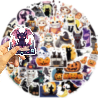 50PCS Halloween Cute Cat Doodle Stickers - Exquisite, Fashionable, Creative DIY Journal Decorations Suitable for Notebooks, Guitars, Helmets, Water Bottles, and Stationery Boxes