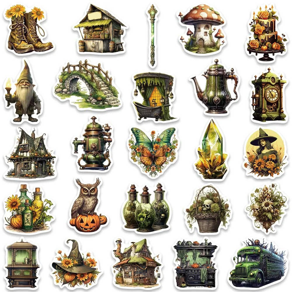 50PCS Jungle Magic Doodle Stickers, Vintage Cartoon Flora & Mystical Creature Decals for Adventurous Planners