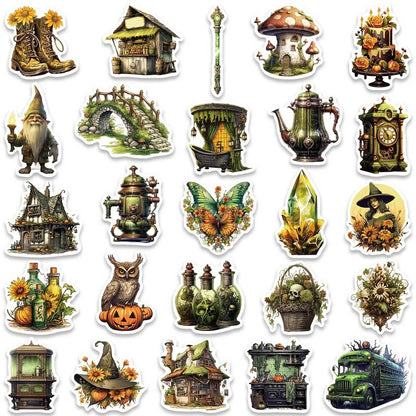50PCS Jungle Magic Doodle Stickers, Vintage Cartoon Flora & Mystical Creature Decals for Adventurous Planners