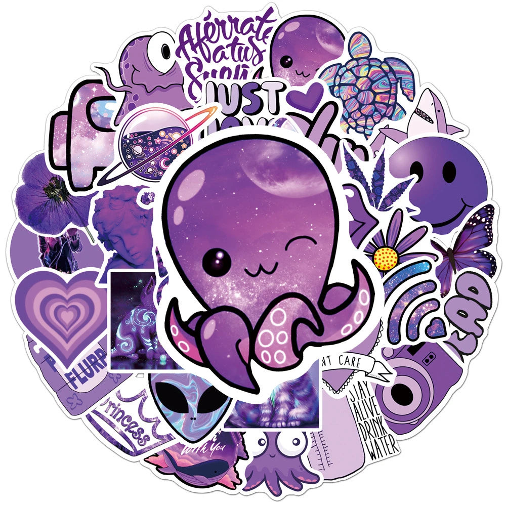 50PCS Cartoon Purple Small Fresh Graffiti Stickers Personalized Fashion Creative DIY Trend Decorative Stickers Bike Skateboard Car Helmet Laptop Popular Decals Toys