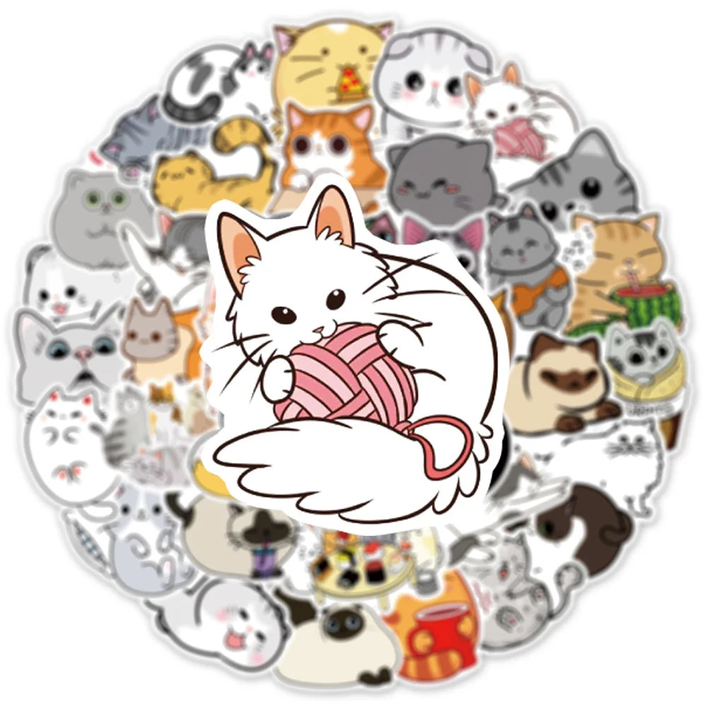 50-Piece Cartoon Cute Cat Collection Doodle Stickers Perfect for Suitcases, Laptops, Journals, Skateboards, Water Bottles, Stationery Boxes, and Desktop Decor