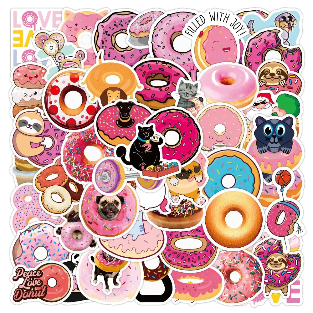 50PCS Cartoon Donut Food Cute Creative Doodle Sticker Bicycle Skateboard DIY Water Cup Car Guitar Laptop Computer