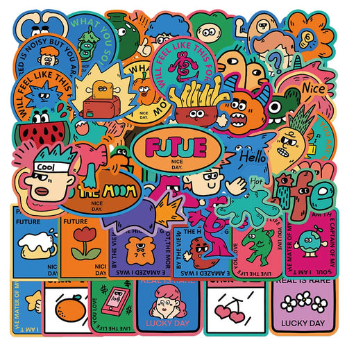50 pieces of cartoon hand-drawn odd graffiti stickers, personalized, fashionable, creative and exquisite decal toys, refrigerator, skateboard helmet, guitar, popular sticker toys