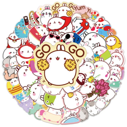 50 pieces of cute cartoon round rolling rabbit graffiti stickers, personalized, fashionable and creative DIY exquisite and trendy decorative decals, refrigerator, skateboard, water cup, helmet, guitar, popular sticker toys