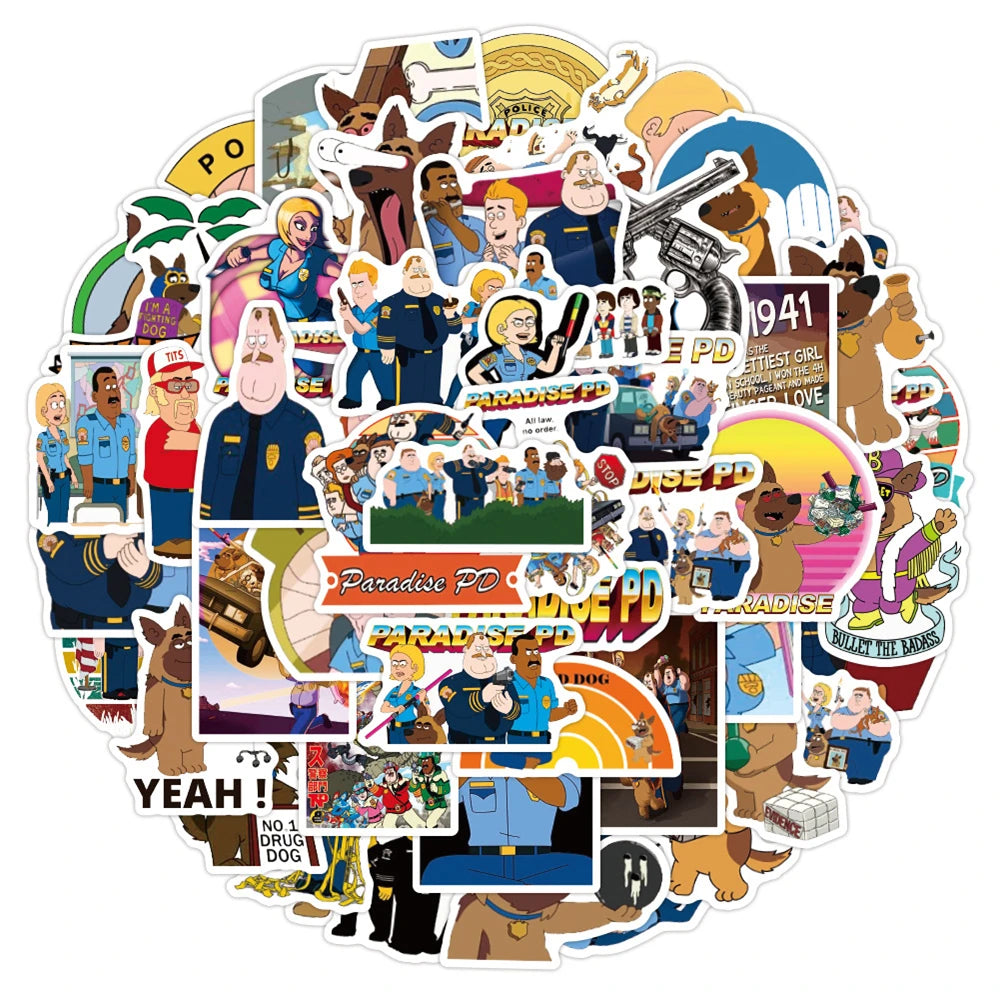 50PCS cartoon animation Paradise Town Police Station decorative style graffiti stickers, personalized, fashionable and creative DIY exquisite decorative decal cups, helmets, skateboards, popular sticker toys