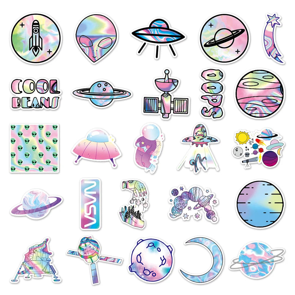 50PCS Laser Cartoon Planet Outer Space Sticker Luggage Computer IPad Skateboard Motorcycle Waterproof Sticker