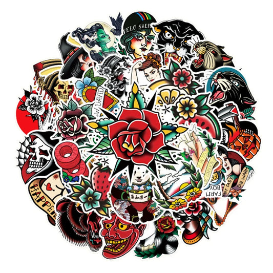 50 pieces of tattoo rose skull pattern graffiti stickers, suitable for planners, notebooks, luggage decoration, waterproof stickers and toys