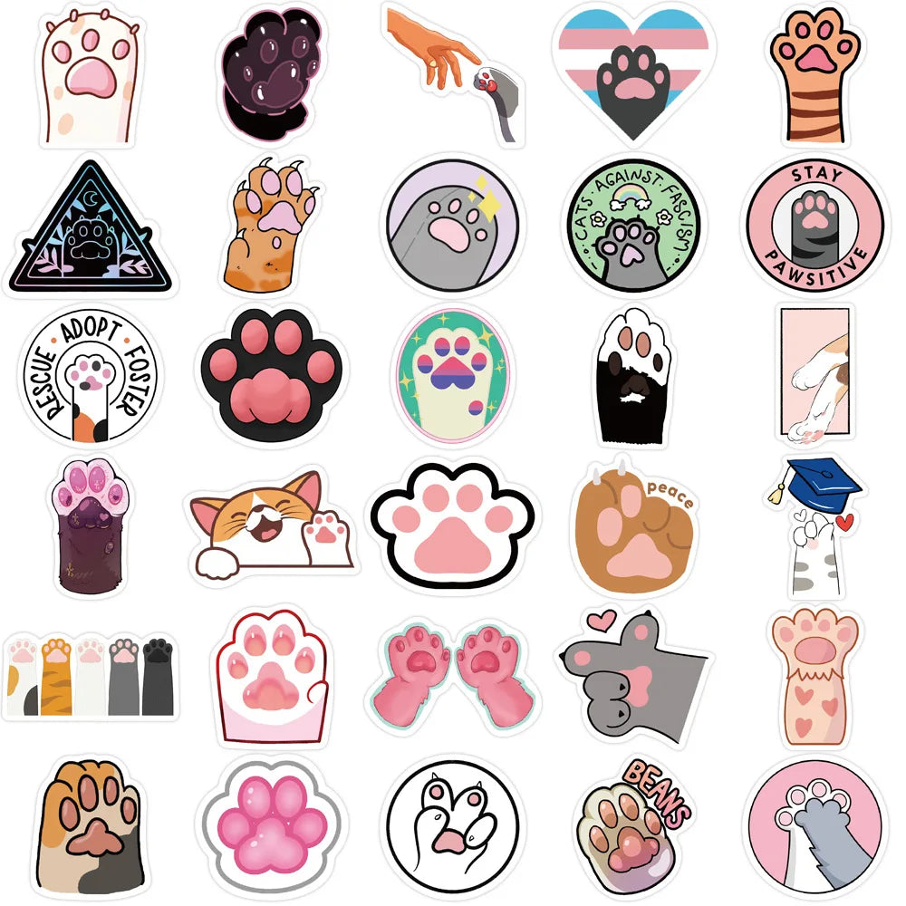 61PCS Cartoon Cute Cat Paw Graffiti Stickers Personalized Fashion Creative DIY Trend Decorative Stickers Laptop Refrigerator Skateboard Luggage Helmet Popular Exquisite Decals Toys