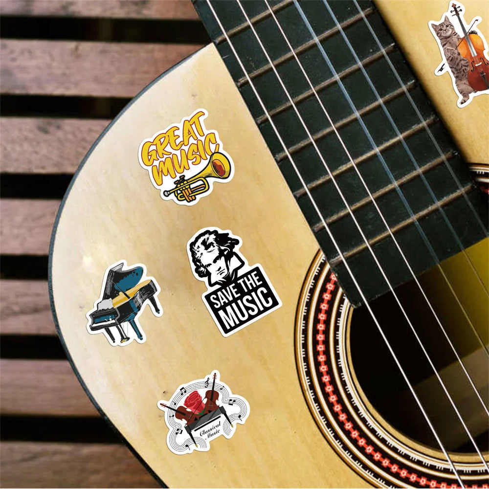 52PCS Cartoon Music Instruments Orchestra Doodle Stickers Personalized Fashion Creative DIY Exquisite Decorative Decals Toys For Luggage Laptop IPad Skateboard Popular Stickers