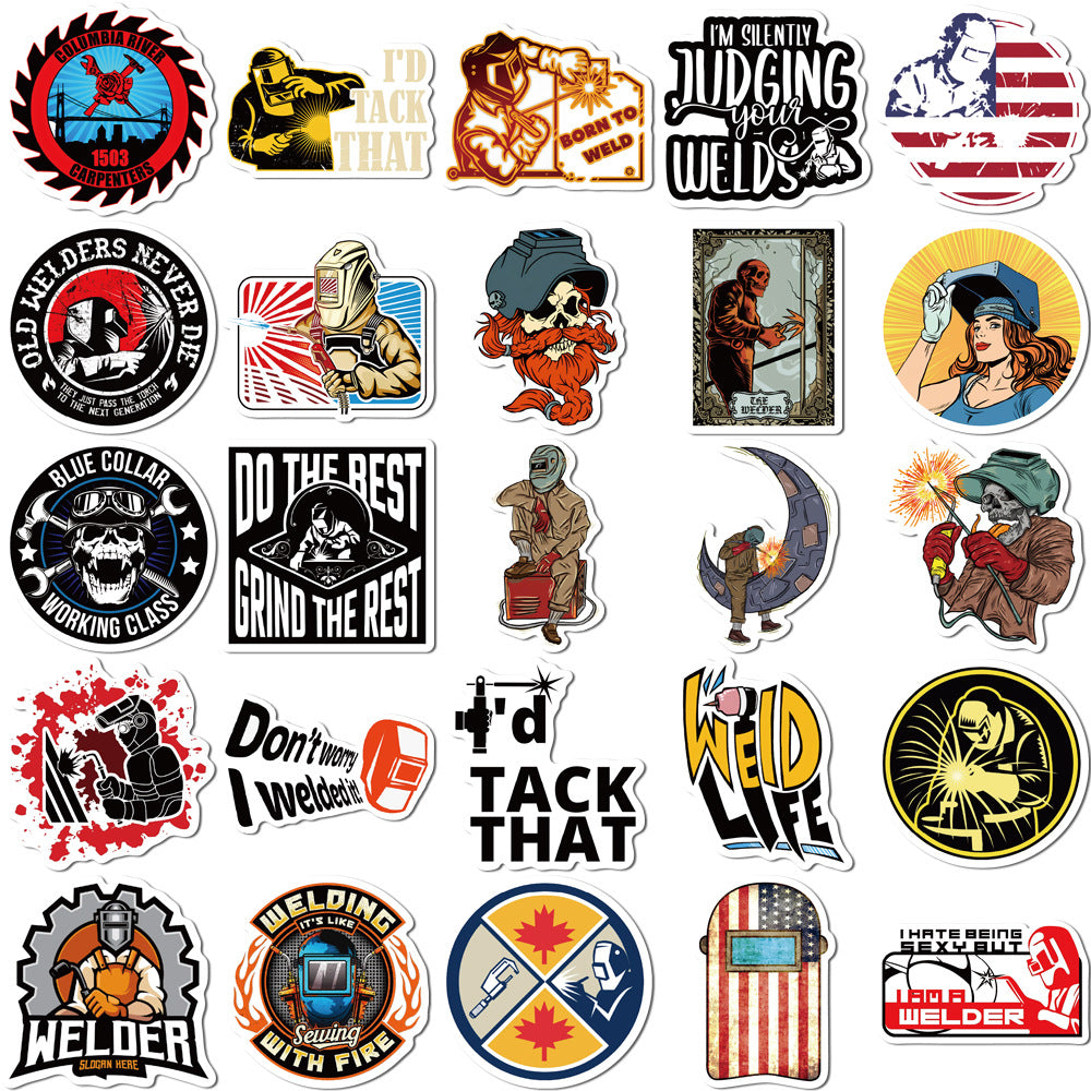 50PCS Welding Doodle Stickers, Arc Welder & Spark Cartoon Decals for Makers, Metalworkers, and Toolbox Vibes