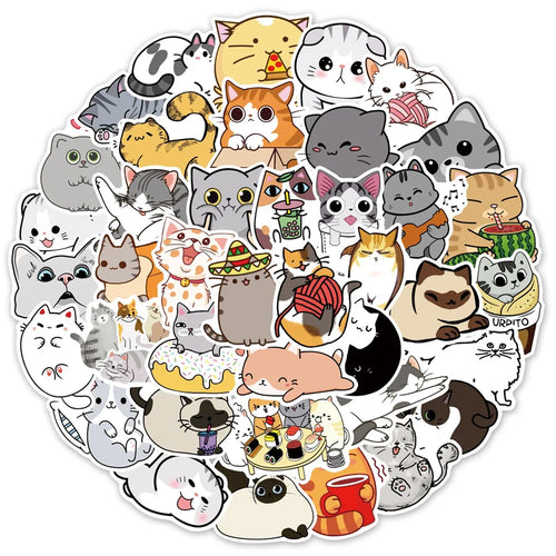 50-Piece Cartoon Cute Cat Collection Doodle Stickers Perfect for Suitcases, Laptops, Journals, Skateboards, Water Bottles, Stationery Boxes, and Desktop Decor
