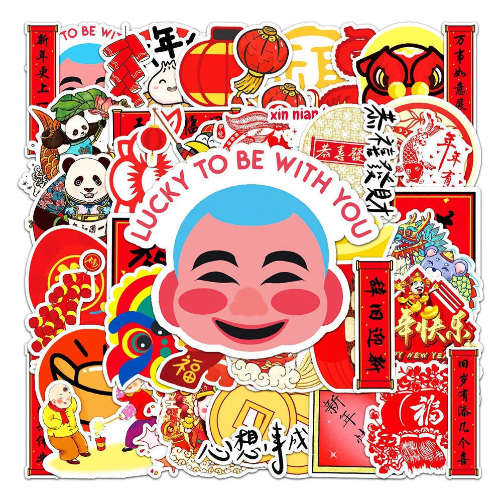 50 pieces of Chinese festival New Year series cartoon, auspicious and cute graffiti stickers, personalized, fashionable and creative DIY decorative stickers, guitar, IPad, helmet, skateboard, popular and exquisite decal toys