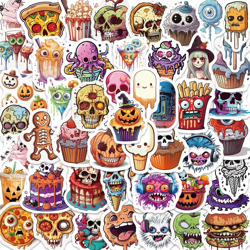 50PCS Cartoon Halloween Pumpkin Skull Spooky Doodle Stickers Exquisite Creative DIY Journal Decorative Decals Suitable for Computer Desks, Chairs, Skateboards, Pencil Cases, and Table Surfaces