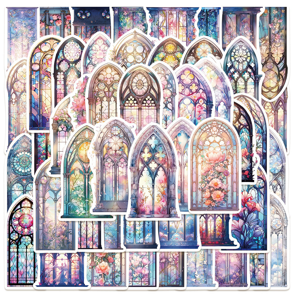 50PCS European Window Doodle Stickers, Vintage Architectural Cartoon Decals for a View to Another World