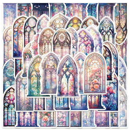 50PCS European Window Doodle Stickers, Vintage Architectural Cartoon Decals for a View to Another World