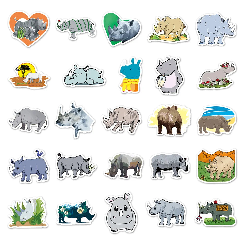 50PCS Rhinoceros Animal Cartoon Graffiti Waterproof Sticker Creative Decoration Refrigerator Skateboard Water Cup
