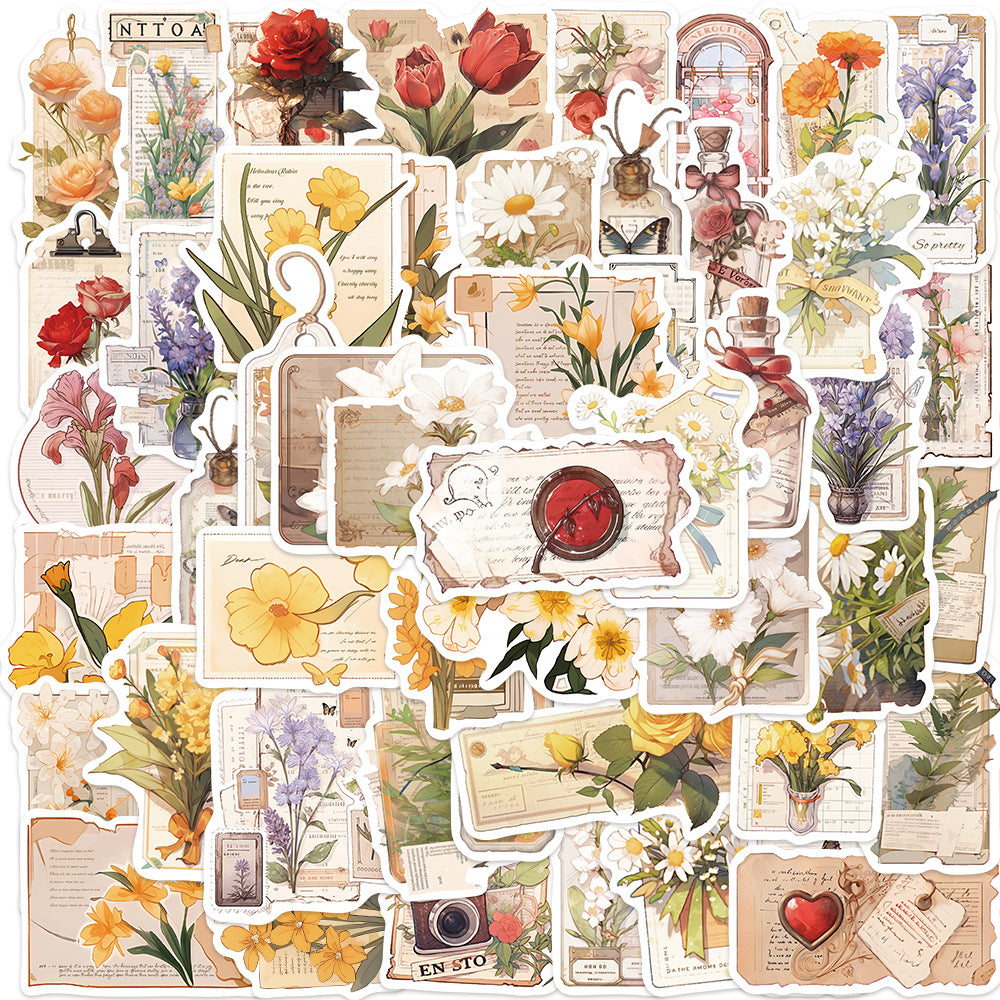 50PCS Classic Cartoon Flower Stickers - Vintage Botanical Decals for Journals, Planners, Water Bottles & Retro Craft Gifts