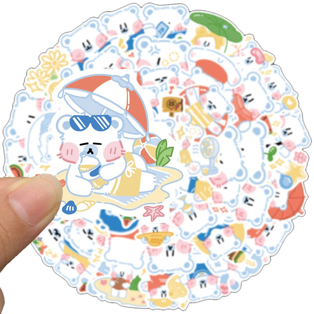 50PCS of cute cartoon white bear animal creative graffiti stickers, personalized and fashionable creative DIY exquisite decorative decals, bicycle, skateboard, car helmet, laptop, popular sticker toys