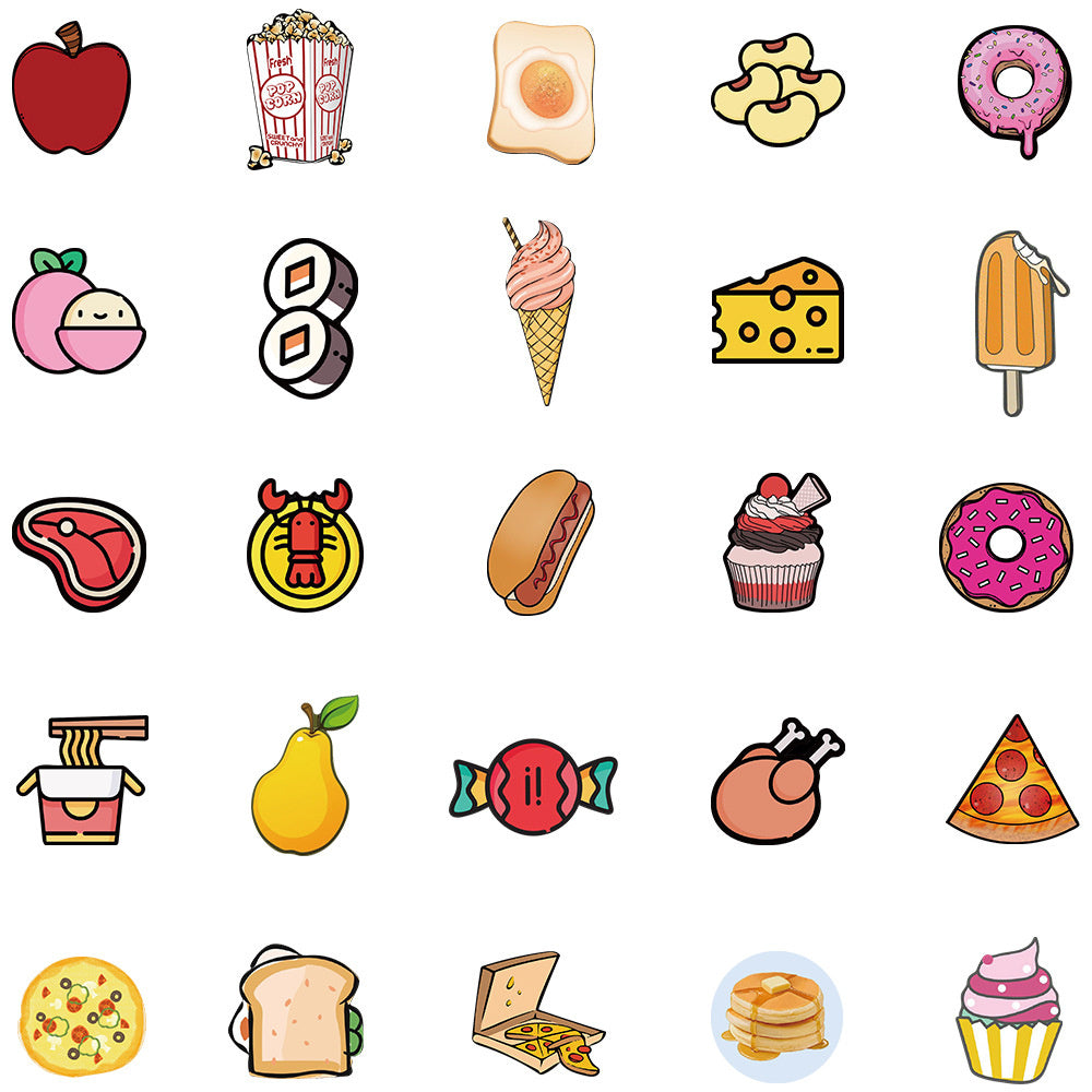 100PCS Adorable Cartoon Food Doodle Stickers Exquisite Creative DIY Journal Decorations Suitable for Suitcases, Laptops, Skateboards, Water Bottles, Helmets, and Stationery Cases