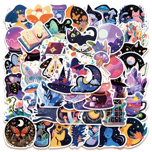 50PCS Cartoon Glow-in-the-Dark Magic Doodle Stickers Exquisite Creative DIY Journal Decorative Decals Suitable for Desks, Luggage, Chairs, Skateboards, Water Bottles, Helmets, and Stationery Cases